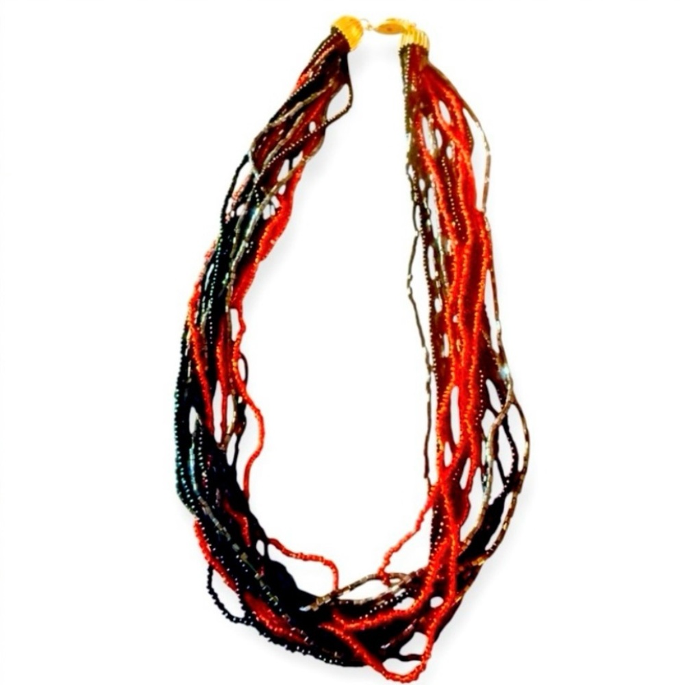 Vintage 1990’s Multi Strand Seed Beaded Necklace in Black, Red, etc, 18” Long